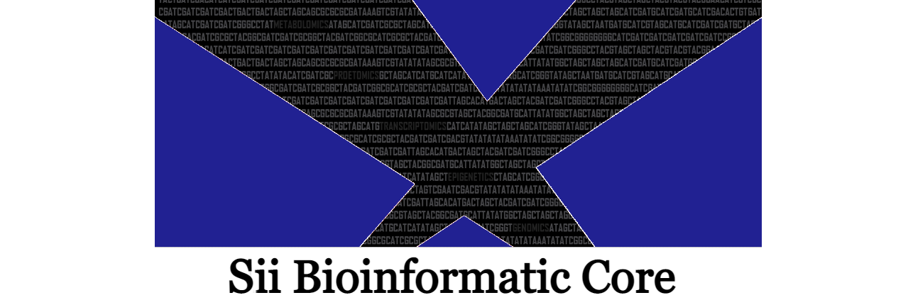 A graphic with code embedded within two crossing beams against a blue background with Sii Bioinformatic Core in text underneath