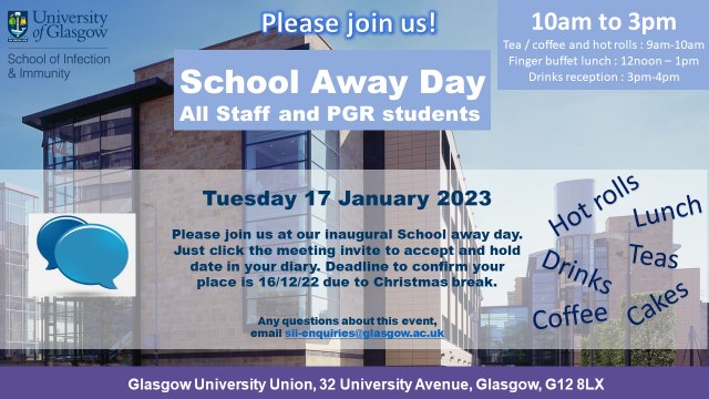 a poster used to advertise the away day with details set against a background of the sir graeme davies building