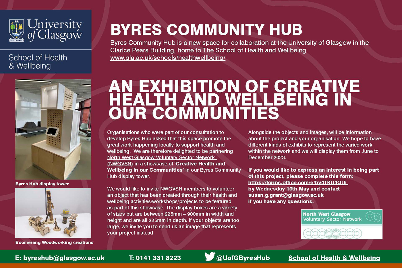 Flyer advertising the Byres Community Hub at University of Glasgow