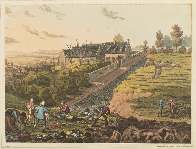An image of the painting by James Rouse of the burial of dead at La Haye Saint, Battle of Waterloo