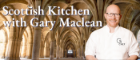 UofGlasgow cloisters with white text overlay reads 'Scottish Kitchen with Gary Maclean' and overlay image of white man with glasses in white chef jacket