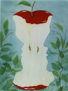 painting of greenery against a blue sky; in the foreground a nearly-eaten red apple, in the contours of which two face profiles (chins, noses, foreheads) appear