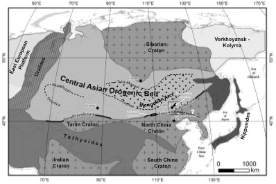 present-day tectonic configuration including cratonic cores and Phanerozoic orogens of central and east Asia