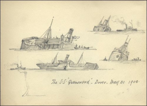 Sketches of the SS Queenswood sinking off Dover, titled "The SS Queenswood, Dover, May 31 1908."  (GUAS Ref: UGC 195/2/2.  Copyright reserved.)