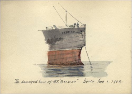 Coloured sketch of the bow of the SS Bermeo, titled "The damaged bow of the 'Bermeo' - Dover, June 1 1908", sketched from Dover. (GUAS Ref: UGC 195/2/4. Copyright reserved.)