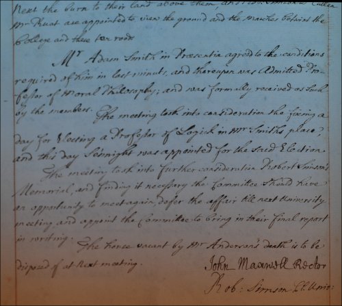Adam Smith was admitted to the Chair of Moral Philosophy as recorded in the Senate minutes, 29th April 1752.  (GUAS Ref: GUA 26640, p82.  Copyright reserved.)