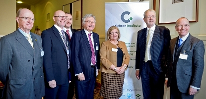 From left to right: Prof Russel Griggs OBE (Chair, Board of Management Dumfries & Galloway College), Prof Paul Martin (Interim Deputy Principal, University of the West of Scotland), Gavin Stevenson (Chief Executive Dumfries & Galloway Council), Prof Steven Beaumont (Vice Principal for Research & Enterprise, University of Glasgow), Dr Carol Hill (Crichton Institute and University of Glasgow), Michael Russell (MSP, Minister for Education and Lifelong Learning), Prof David Clark (Director, University of Glasgow Crichton Campus ). Crichton Institute launch group