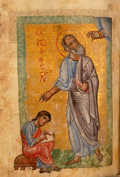 Full page illuminated portrait of Satin John shown instructing his disciple 