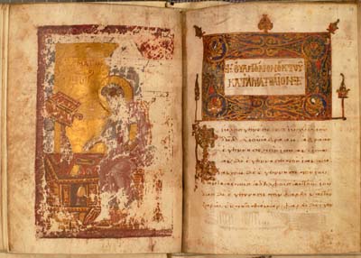 Double page spread of the opening of the Gospel of St Matthew, with flaked portrait of Matthew on the left and text preceded by ornamental illuminated headpiece on the right