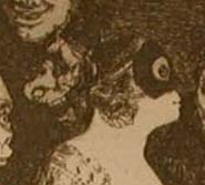 Detail from Capricho 2, showing a close up of the bride's head with a hideous mask attached to the back