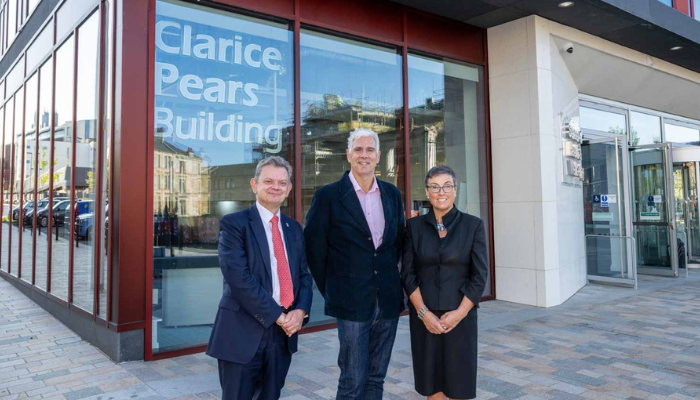 Mark Pears, Anton Muscatelli and Jill Pell at doors of Clarice Pears Building