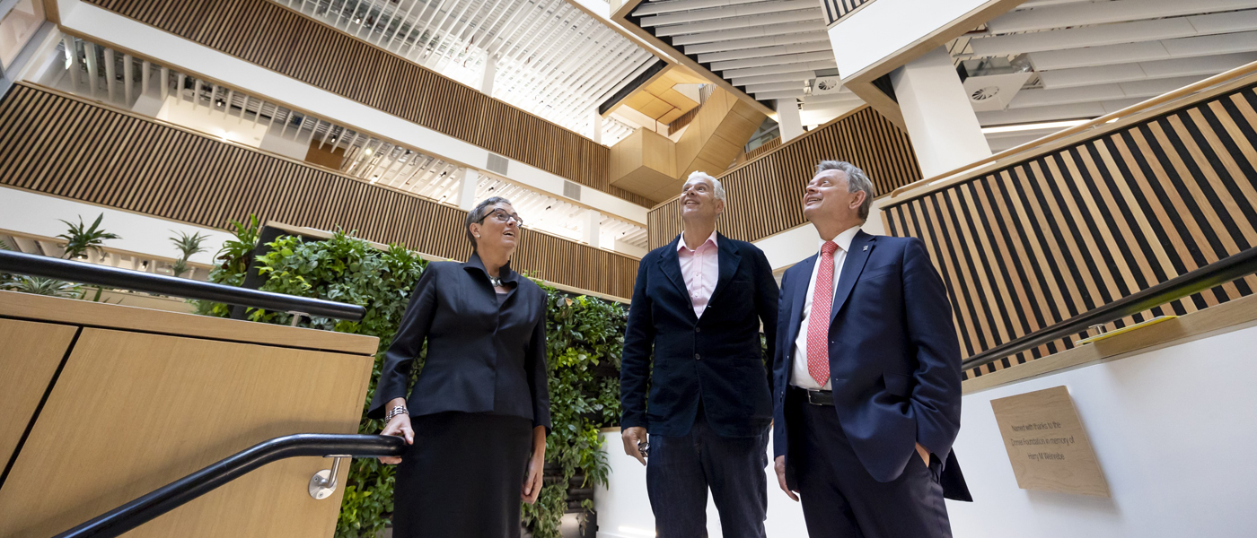 Photo of Jill Pell, Anton Muscatelli and Mark Pears at the official opening of the Clarice Pears building at University of Glasgow in September 2023