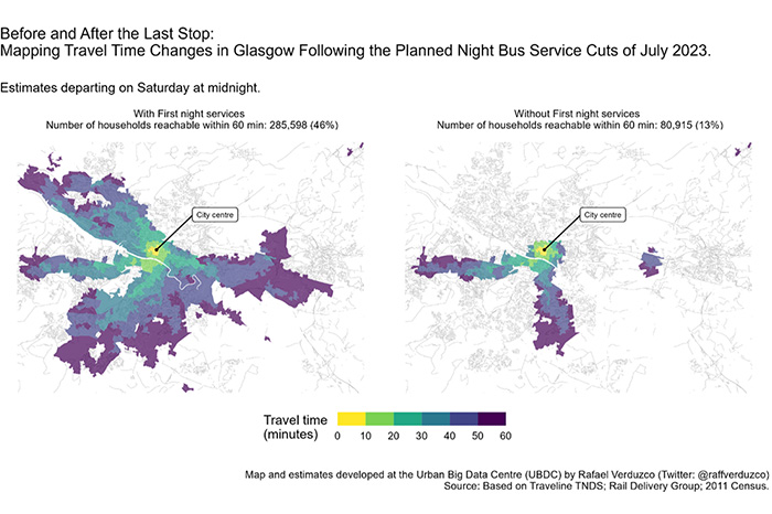 Map showing cuts to night buses in Glasgow