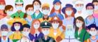 Cartoon of lots of people including police officers, doctors, all wearing medical face masks