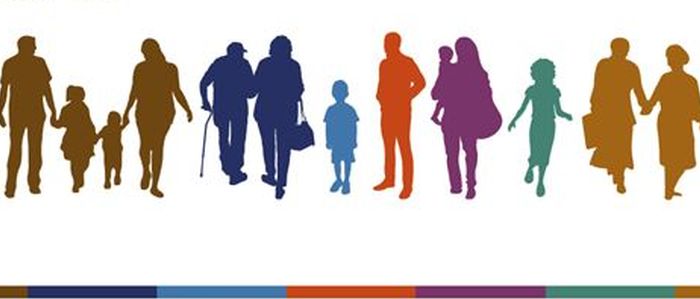 Graphic of differently coloured silhouettes of people in small groups