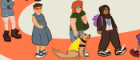 A cartoon of people walking in a queue including a person with a guide dog