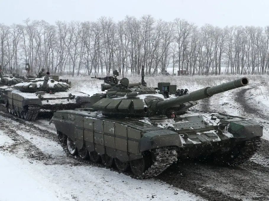 T-72B3 tanks of the Russian Southern Military District's 150th Rifle Division take part in a military exercise at Kadamovsky Range. (Erik Romanenko\TASS via Getty Images)