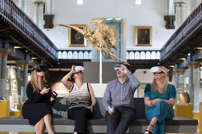 Left to right: Dr Lynn Verschuren, Professor Maria Economou, Professor Neil McDonnell, Dr Pauline Mackay who are part of the team working on the Museums in the Metaverse project at the University of Glasgow. They are photographed in The Hunterian at the University of Glasgow. Photo credit: Martin Shields