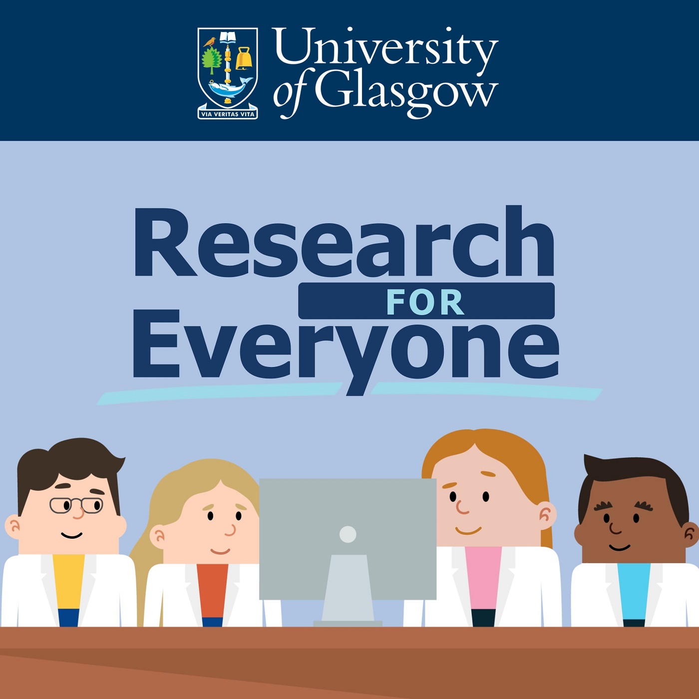 Research for all logo featuring cartoon scientists in a laboratory and the University of Glasgow marque
