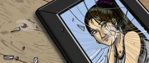 A graphic showing a cracked phone screen with an image of the head and  shoulders of a young woman with a ponytail 