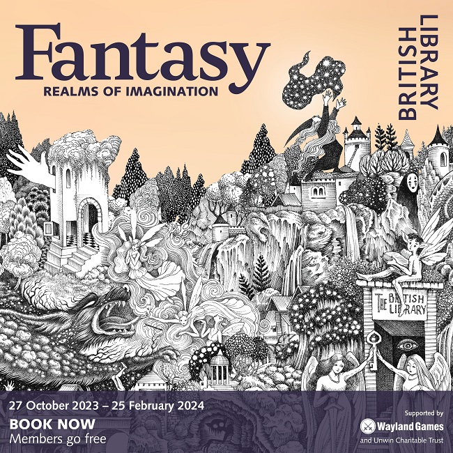 A photo featuring hand drawn images of fantasy figures like a wizard for the Fantasy: Realms of Imagination exhibition at the British Library 