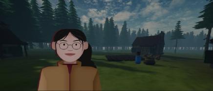 Screenshot from a video game with a person in a landscape with green fields and pine trees