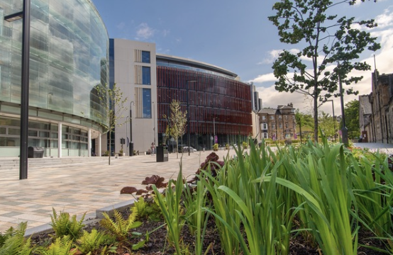 JMS building in the sunshine with flower beds