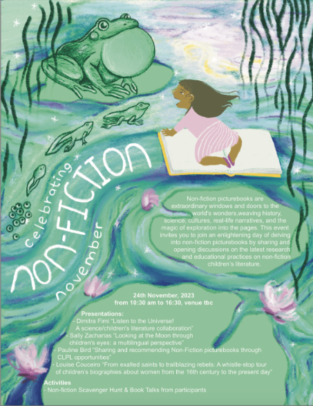A colourful pencil drawing of a young child who floats in a pond filled with lily pads, the words Celebrating Non-fiction Literature float in the water in front of her. 