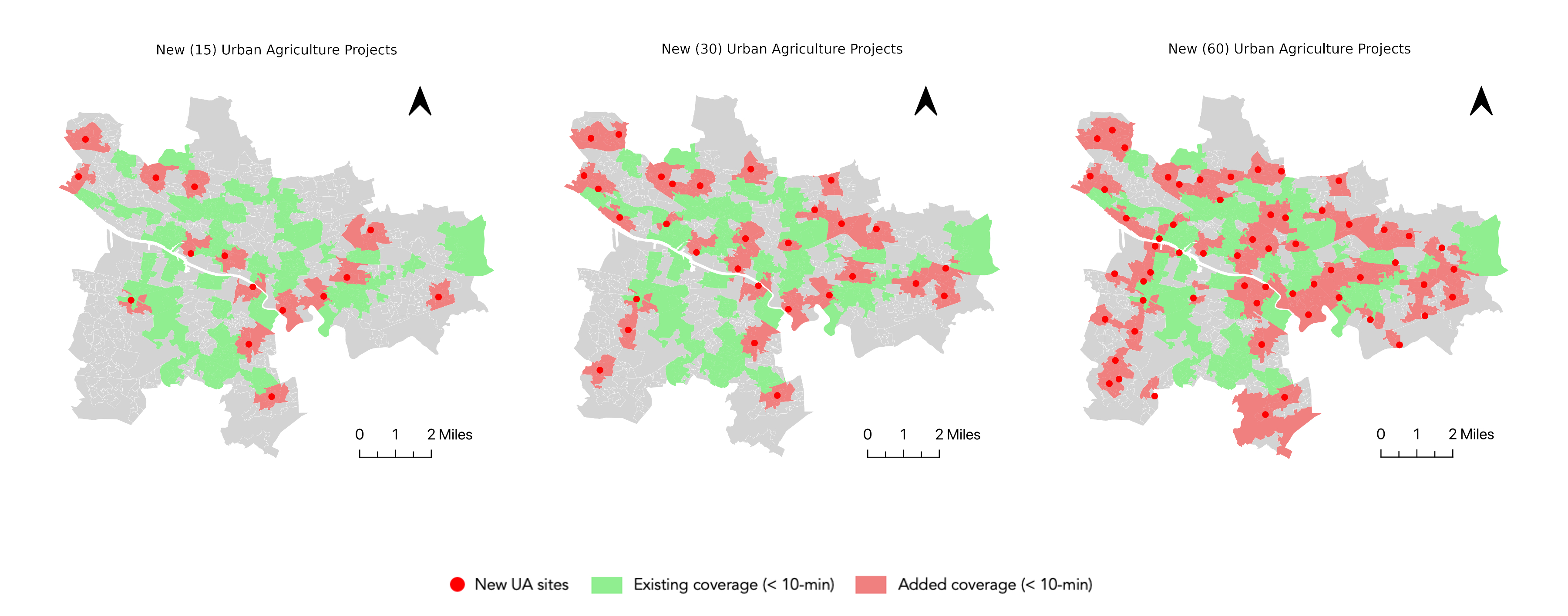 A map showing how adding 15, 30 or 60 new urban agriculture sites on vacant and derelict land across Glasgow could help boost access to fresh produce for community groups