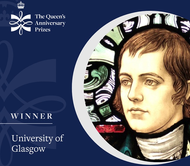 An image of the Queen's Anniversary Prize 2023 winner - The Centre for Robert Burns Studies which features a stained glass image of the poet Robert Burns 