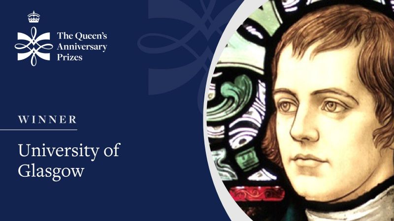 Graphic of Robert Burns' face with the Queen's Anniversary Prize logo and the text: Winner University of Glasgow