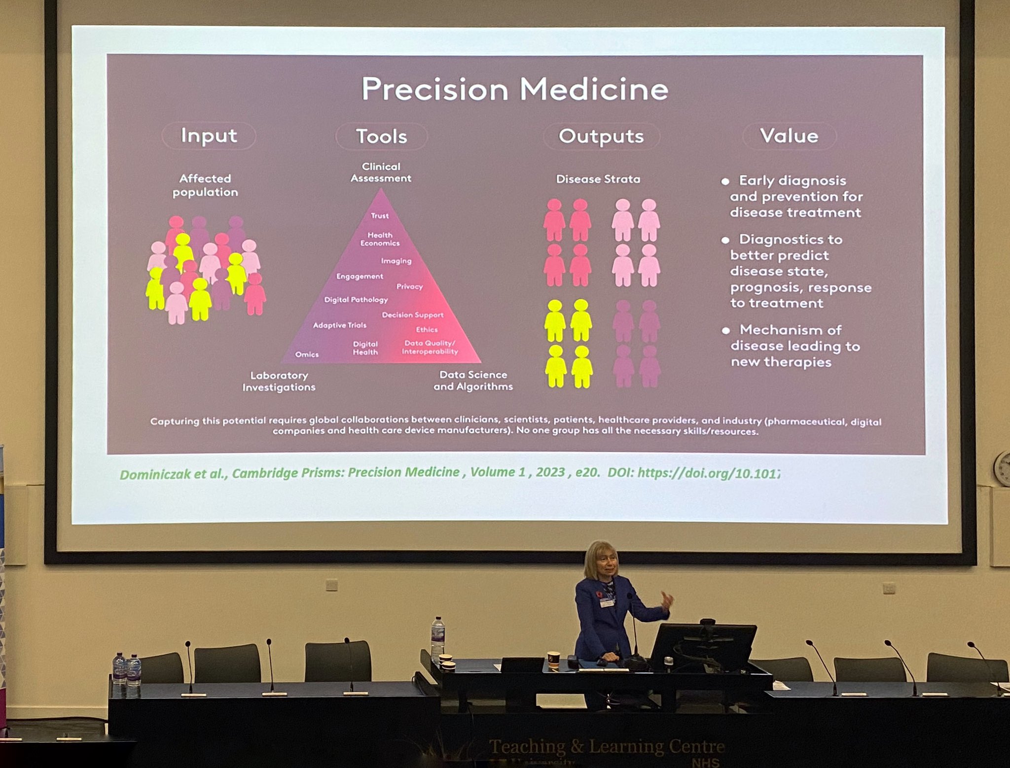 Prof Dame Anna F Dominiczak delivers talk on precision medicine, standing in front of screen depicting the input, tools, output and value of precision medicine. 