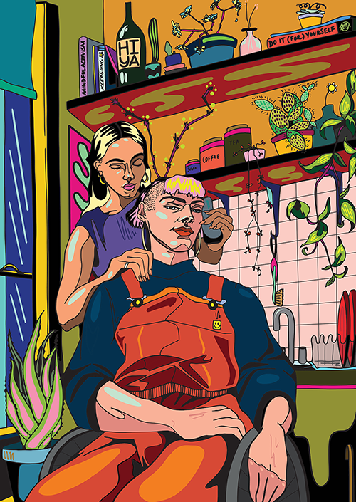 Artwork: Self Care as an Act of Resistance. ‘A colourful illustration showing two young women in the corner of a Glasgow tenement kitchen. One is standing behind the other, shaving an undercut of the woman in front, who is sitting in a wheelchair. They are wearing bright and colourful clothes, and are surrounded by plants and book which sit on shelves in the background.