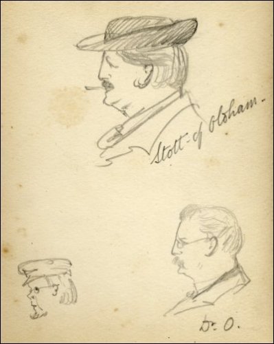 Three profile sketches; Scott of Oldham, Dr O., and an unidentified man with sailors cap, beard and glasses. (GUAS Ref: UGC 195/1/1. Copyright reserved.)