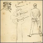 Three pencil sketches of an unnamed bearded man wearing sailors cap, a suited figure drawn from behind, and a gravestone.  (GUAS Ref: UGC 195/1/2. Copyright reserved.)
