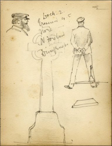 Three pencil sketches of an unnamed bearded man wearing sailors cap, a suited figure drawn from behind, and a gravestone.  (GUAS Ref: UGC 195/1/2. Copyright reserved.)