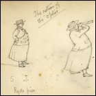 Pencil sketch of two women in skirts and hats, one peering into the distance with a telescope, sketched at Ryde pier.  Titled, 