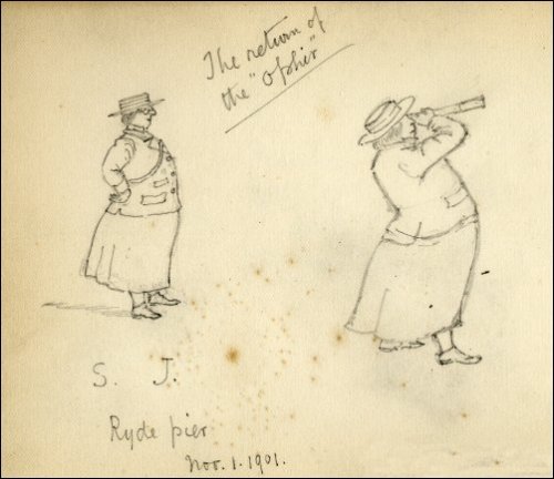 Pencil sketch of two women in skirts and hats, one peering into the distance with a telescope, sketched at Ryde pier.  Titled, 