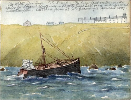 Coloured sketch of a wrecked hull of a ship just off the coastline.  Titled, 
