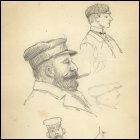 Five pencil sketches of a bearded man smoking a cigarette and wearing a sailors cap, a young man wearing a small cap and bow tie, two unfinished profile sketches, and a sketch of a moustached man with sailors cap.  (GUAS Ref: UGC 195/1/6. Copyright reserved.)  