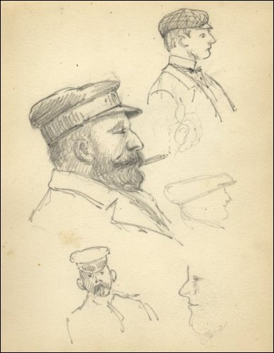 Five pencil sketches of a bearded man smoking a cigarette and wearing a sailors cap, a young man wearing a small cap and bow tie, two unfinished profile sketches, and a sketch of a moustached man with sailors cap.  (GUAS Ref: UGC 195/1/6. Copyright reserved.)  