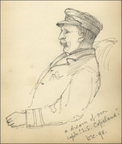 Pencil sketch of the captain of the SS Copeland.  Titled 