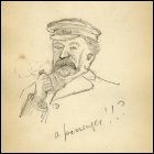 Pencil sketch of a man smoking a pipe.  Titled 