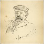 Pencil sketch of a man smoking a pipe.  Titled 