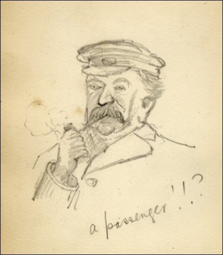 Pencil sketch of a man smoking a pipe.  Titled 