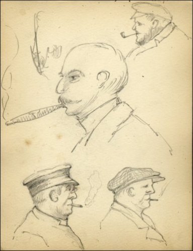Pencil sketches of four men smoking.  (GUAS Ref: UGC 195/1/9. Copyright reserved.) 