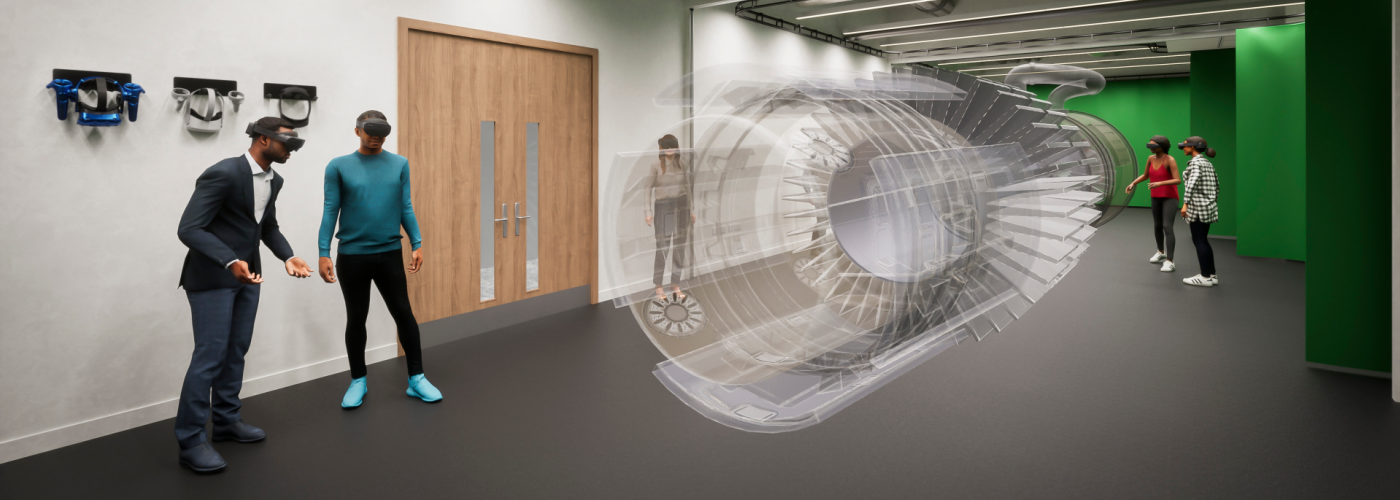 Augmented Reality (AR) rendering of a jet engine in a studio space. People interact with the engine wearing VR headsets.