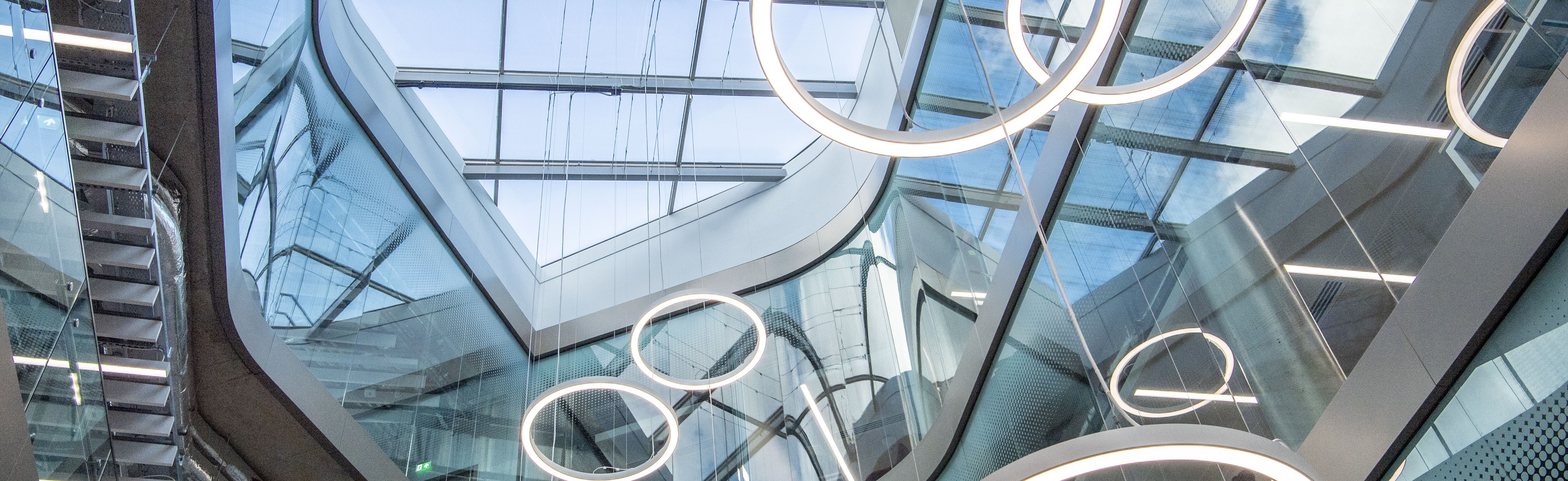 image of the lights in the lobby of the Advanced Research Centre building