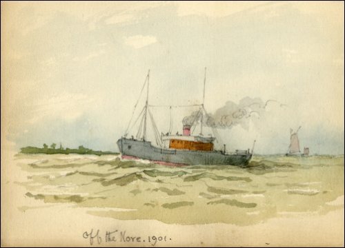 Coloured sketch of a steamship at sea with small yacht in background.  Titled 