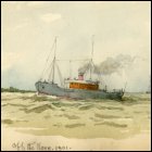 Coloured sketch of a steamship at sea with small yacht in background.  Titled 